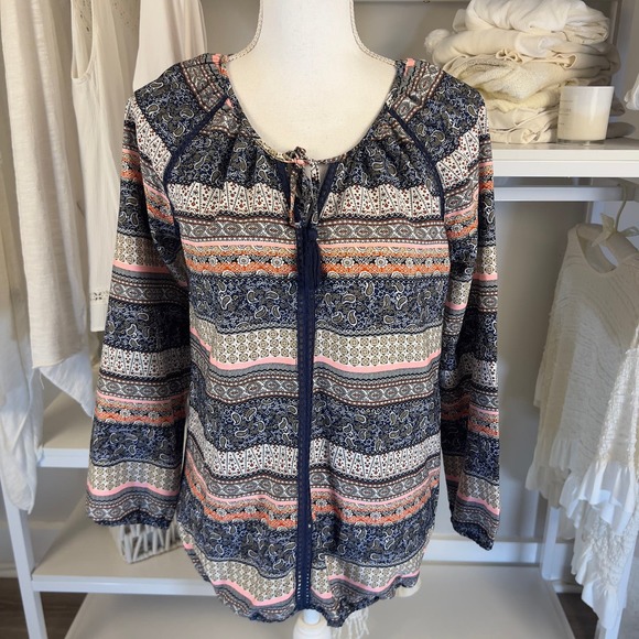 Tanzara Tops - Tanzara sz. small boho paisley graphic print top, keyhole neck embroidered #2263